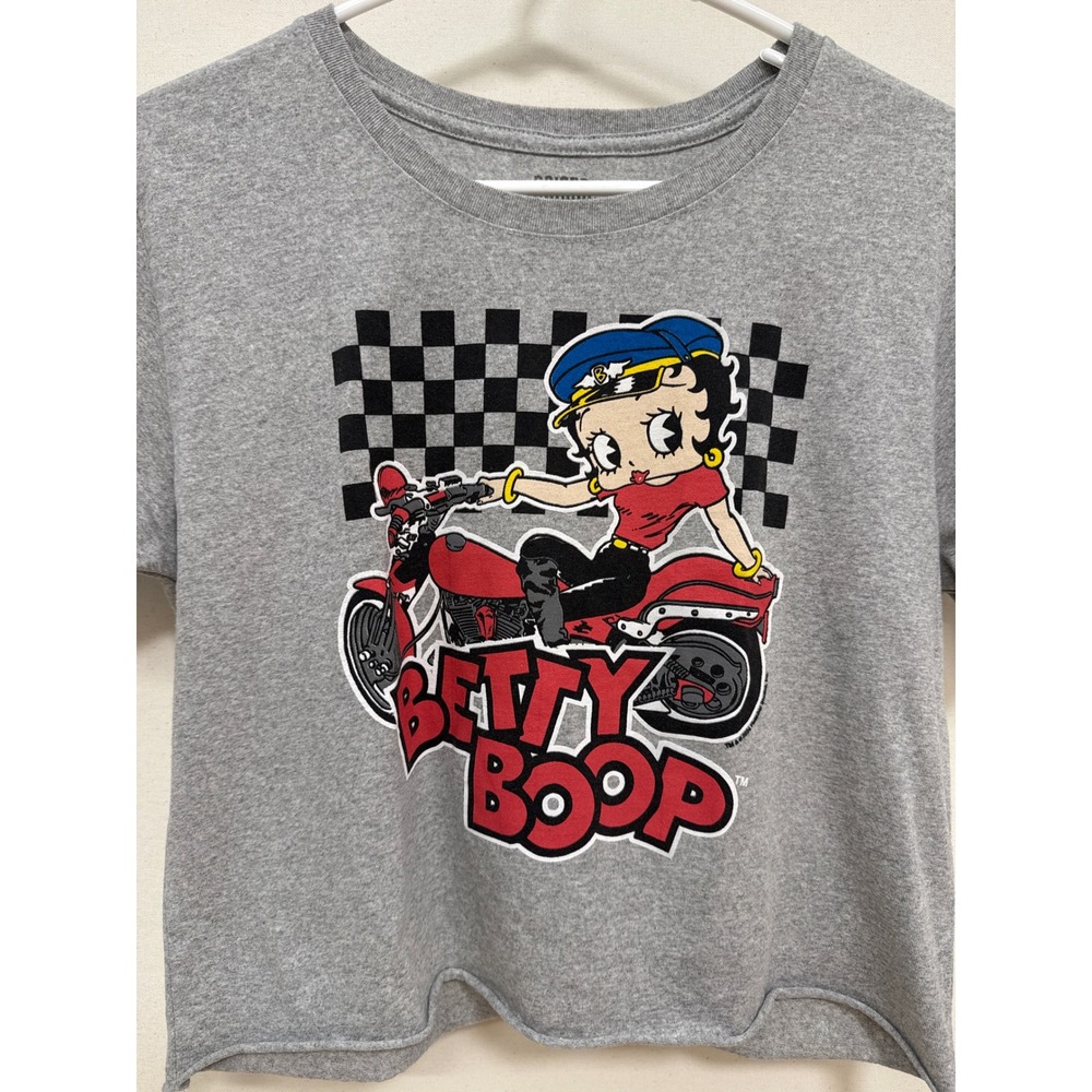 Brisco Brands Betty Boop Biker Motorcycle Graphic Crop Top T-Shirt Gray Large
